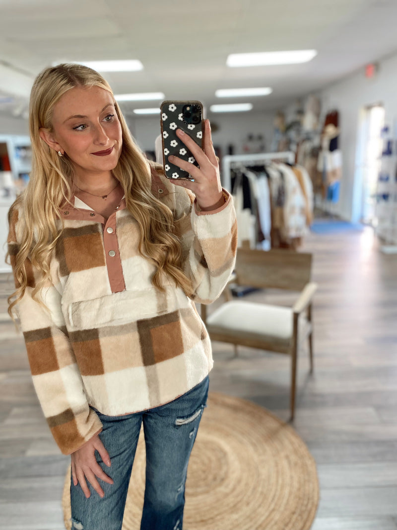 Get Cozy Plaid Pullover- Tan/Brown