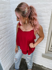 Tiered Pleated Strap Tank-Red