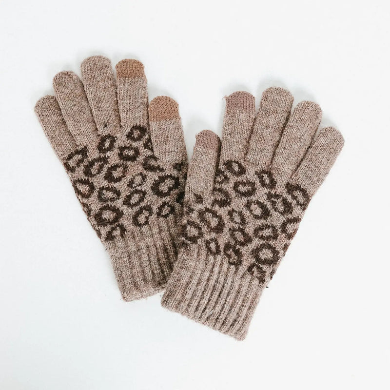 Leopard Knit Smart Touch Gloves- Tan